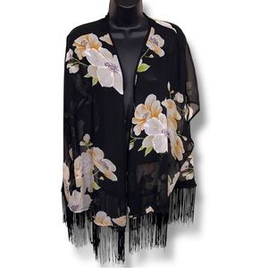 Small Lucky Loaves Black Floral Kimono Shrug Blouse Top Fringe Accent  Boho